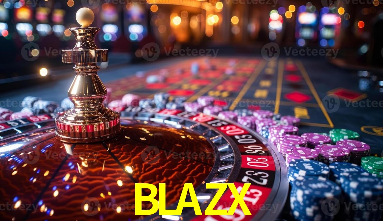 Escena dinámica inspirada en casino con iluminación BLAZX, cartas, fichas e íconos de juegos digitales en un espacio moderno de juegos.