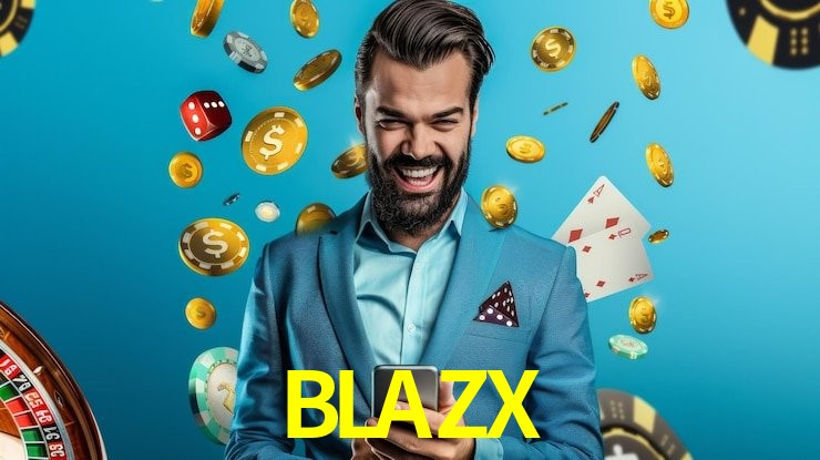 Una escena digital vívida inspirada en casino con BLAZX mostrado prominentemente, luces brillantes, fichas, cartas y acentos dorados.